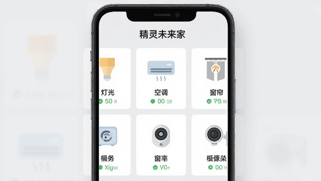 展示精灵未来家APP设备列表页面的截图风格图像,主体为手机界面,上方显示“精灵未来家”标题,下方以卡片形式排列着灯光、空调、窗帘、摄像头等设备图标,每个图标下方有状态文字,背景为浅灰色,布局整齐,风格扁平化,细节清晰,画质干净无多余元素