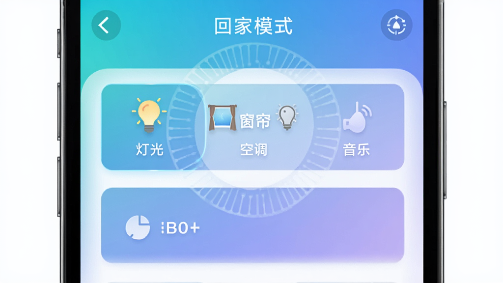 展示精灵未来家APP场景联动设置的界面示意图,主体为手机屏幕,中央显示“回家模式”编辑页面,包含灯光、窗帘、空调、音乐等多个自动化动作选项,背景为渐变色,布局简洁,风格科技感,细节清晰,画质干净无多余元素