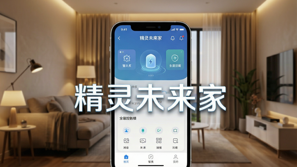 一张展示智能家居全屋控制界面的高清渲染图,主体为手机屏幕中显示的精灵未来家APP主界面,背景是温馨的现代客厅,灯光柔和,窗帘半开,画面中央有醒目的“精灵未来家”字样,布局清晰,风格简约科技,细节丰富,画质干净无多余元素