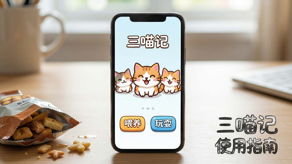 主体:手机屏幕上显示三喵记游戏主界面,旁边放着零食。布局:手机居中,背景为桌面。排版:界面清晰,猫咪图标明显。风格:写实与卡通结合,光线自然。细节:屏幕中可见“喂养”“玩耍”按钮,猫咪开心表情。画质:高清,干净,无多余元素。图片中文字:“三喵记 使用指南”
