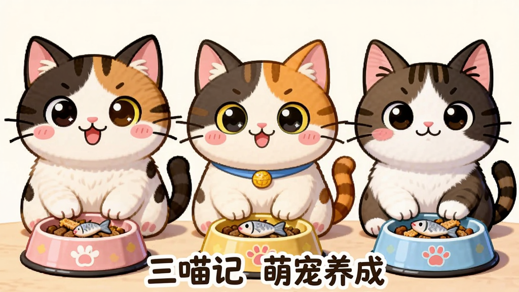 主体:三只不同品种的卡通猫咪排排坐,面前放着食物碗。布局:三只猫咪横向排列,食物碗在前景。排版:对称构图,猫咪表情各异。风格:明亮Q版风格,色彩鲜艳。细节:每只猫的毛色和花纹清晰,碗里有小鱼干。画质:高清,干净,无多余元素。图片中文字:“三喵记 萌宠养成”