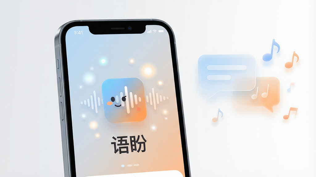 主体:一部亮着屏幕的智能手机,屏幕中显示“语盼”应用主界面,界面中有一个拟人化的语音波形图标,周围漂浮着柔和的光点,象征声音与情感连接。布局:手机位于画面中央偏左,右侧留白处有半透明的对话气泡与音符图形点缀。排版:整体采用居中构图,突出手机屏幕内容。风格:现代扁平化结合微立体光影,色彩以淡蓝与暖橙渐变为主。细节:手机屏幕中需清晰显示中文“语盼”二字,背景为浅灰色渐变,光点带有柔焦效果。画质:4K高清,画面干净通透,无多余元素。