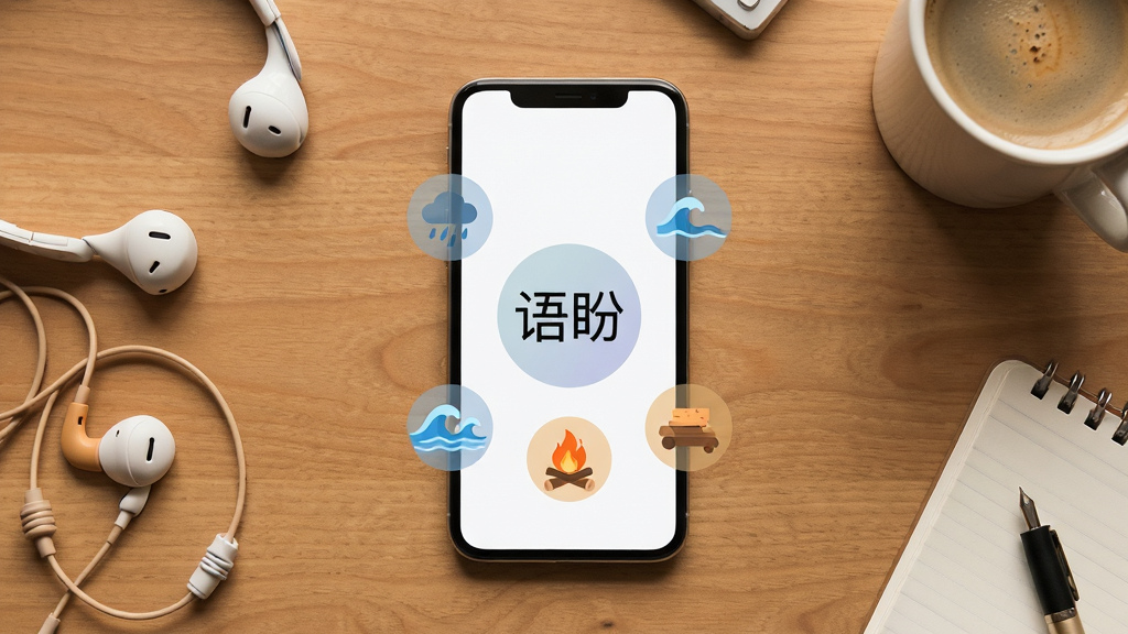 主体:一部手机平放在木质桌面上,屏幕中显示“语盼”的音效选择界面,四周环绕着代表雨声、海浪、篝火等图标。布局:俯拍视角,手机居中,周围散落着耳机、咖啡杯等小物。排版:简约留白,突出手机屏幕内容。风格:ins风摄影风格,暖色调。细节:手机屏幕中需清晰显示“语盼”二字,音效图标以半透明圆形呈现。画质:高清写实,画面干净,无多余元素。
