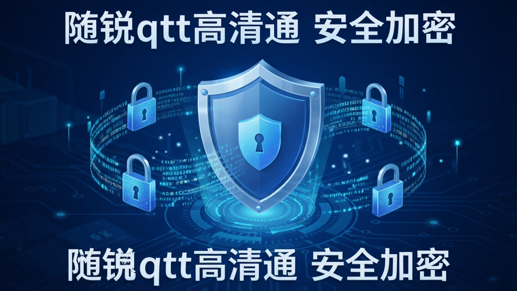 一张展示随锐qtt高清通安全加密功能的示意图,画面中有一个盾牌图标,周围有数据流加密的视觉元素,背景为蓝色科技风格,文字标注“随锐qtt高清通 安全加密”,画质干净。