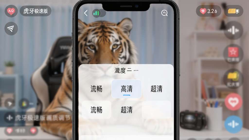 虎牙极速版画质调节界面,手机屏幕展示清晰度选择菜单,包含流畅、高清、超清选项,背景为直播间画面,周围有网络信号与流量图标,风格简洁直观,色彩柔和,画质细腻