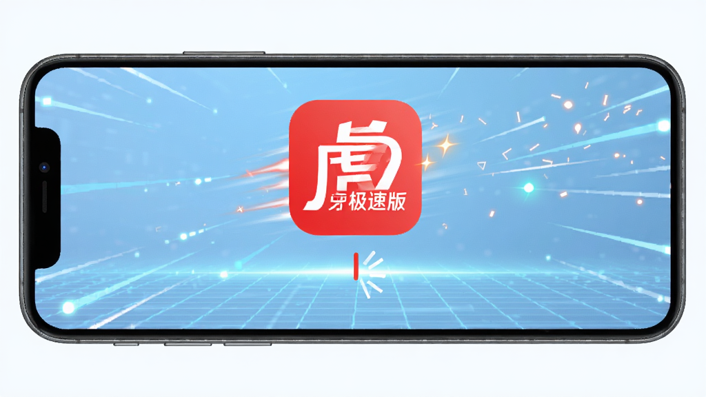 虎牙极速版启动画面,手机屏幕显示虎牙极速版Logo与加载动画,背景为淡蓝色科技网格,周围有速度线条与闪光粒子,突出“极速”主题,整体干净明亮,画质清晰