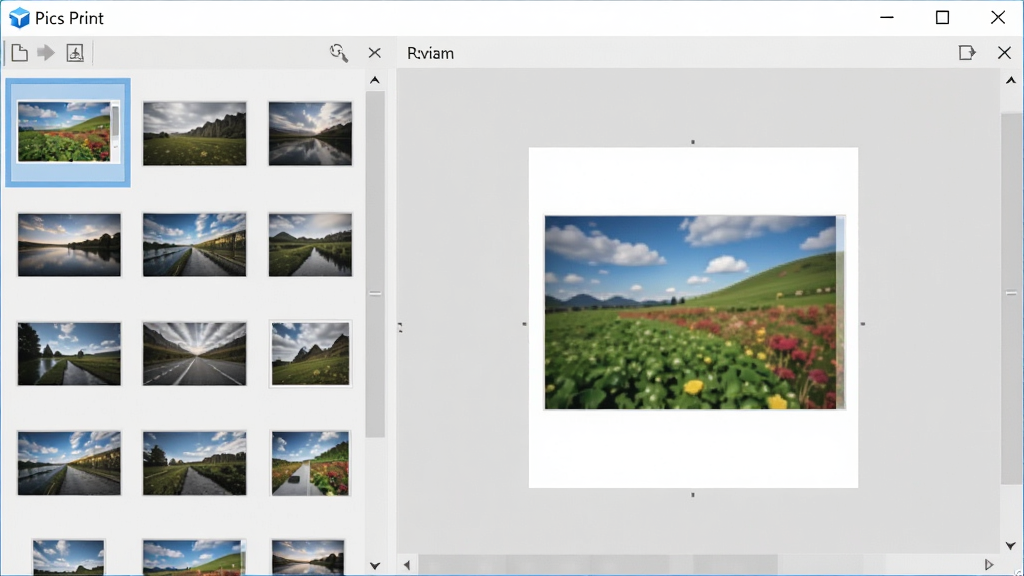 一幅展示Pics Print软件主界面的高清截图,界面左侧为图片列表缩略图,右侧为打印预览区域,背景为浅灰色调,整体风格简洁现代,软件名称“Pics Print”以蓝色字体显示在窗口左上角,界面布局清晰,无多余元素,画质干净细腻
