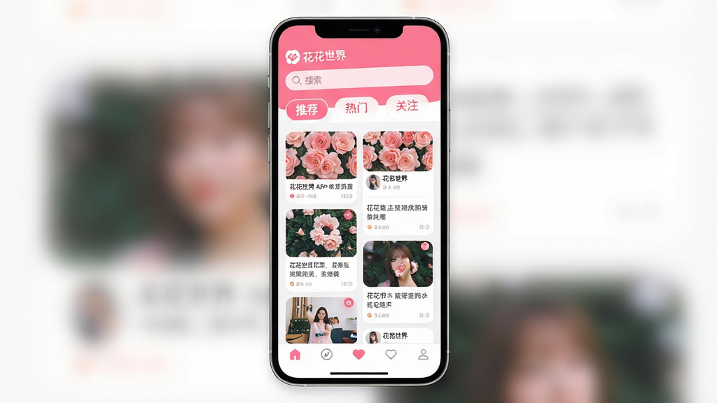 主体:花花世界APP的界面预览图,展示主界面布局,包含资讯流、社交按钮和个性化推荐卡片。布局:居中构图,界面元素清晰排列,上方为搜索栏,中部为内容卡片瀑布流,底部为导航栏。排版:简洁明快,卡片圆角设计,色彩以粉色和白色为主。风格:现代扁平化,清新活泼,符合年轻用户审美。细节:屏幕中显示“花花世界”Logo,以及“推荐”、“热门”、“关注”等标签,卡片上有图片和文字摘要。画质:高清,干净,无多余元素。