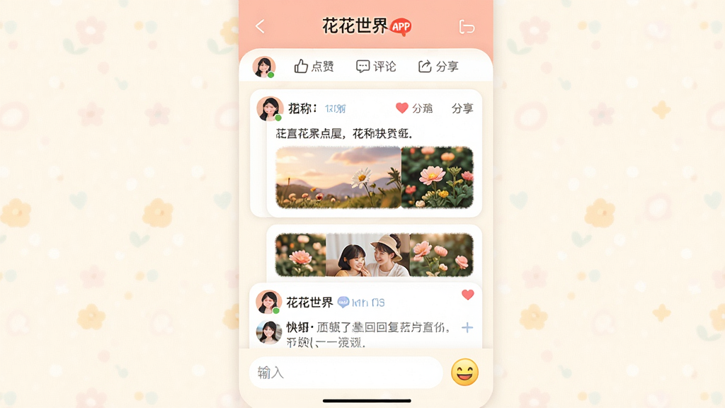 主体:花花世界APP的社区互动界面,展示用户动态列表和评论区域。布局:顶部为圈子导航,中部为动态卡片,底部为输入框和表情按钮。排版:纵向排列,动态内容包含用户头像、昵称、文字和图片。风格:温馨活泼,色彩柔和。细节:动态卡片上有“点赞”、“评论”、“分享”图标,评论区域显示其他用户的回复。画质:高清,干净,无多余元素。