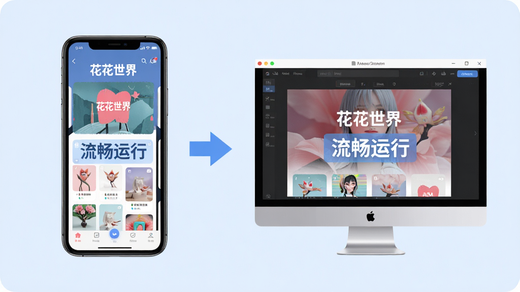 主体:花花世界APP在手机和电脑模拟器上的运行效果对比图。布局:左侧为手机屏幕,右侧为电脑模拟器窗口,中间用箭头连接。排版:左右对称,背景为淡蓝色。风格:科技感,简洁。细节:手机和模拟器屏幕上均显示“花花世界”主界面,并标注“流畅运行”字样。画质:高清,干净,无多余元素。