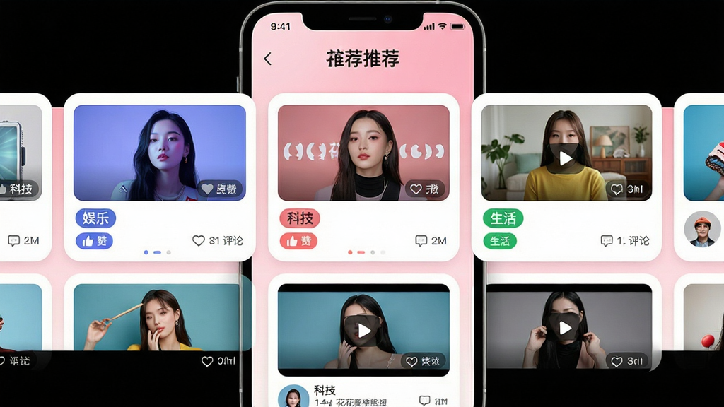 主体:花花世界APP的内容推荐界面,展示不同分类的资讯卡片和短视频缩略图。布局:左右滑动式卡片布局,中间为推荐内容,背景为淡粉色渐变。排版:卡片式设计,图片在上,文字在下,整齐有序。风格:时尚简约,色彩明亮。细节:卡片上标有“科技”、“娱乐”、“生活”等分类标签,并显示点赞和评论数量。画质:高清,干净,无多余元素。