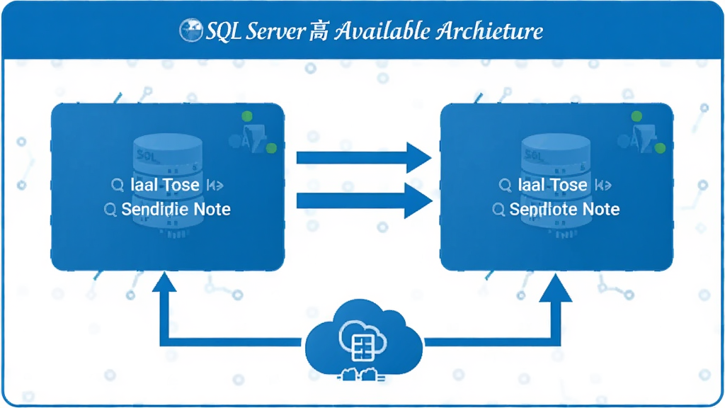 展示SQL Server高可用架构图的图片,包含主节点、备用节点、同步箭头、云备份标识,风格为蓝色系技术架构图,布局清晰,画质干净,无多余元素