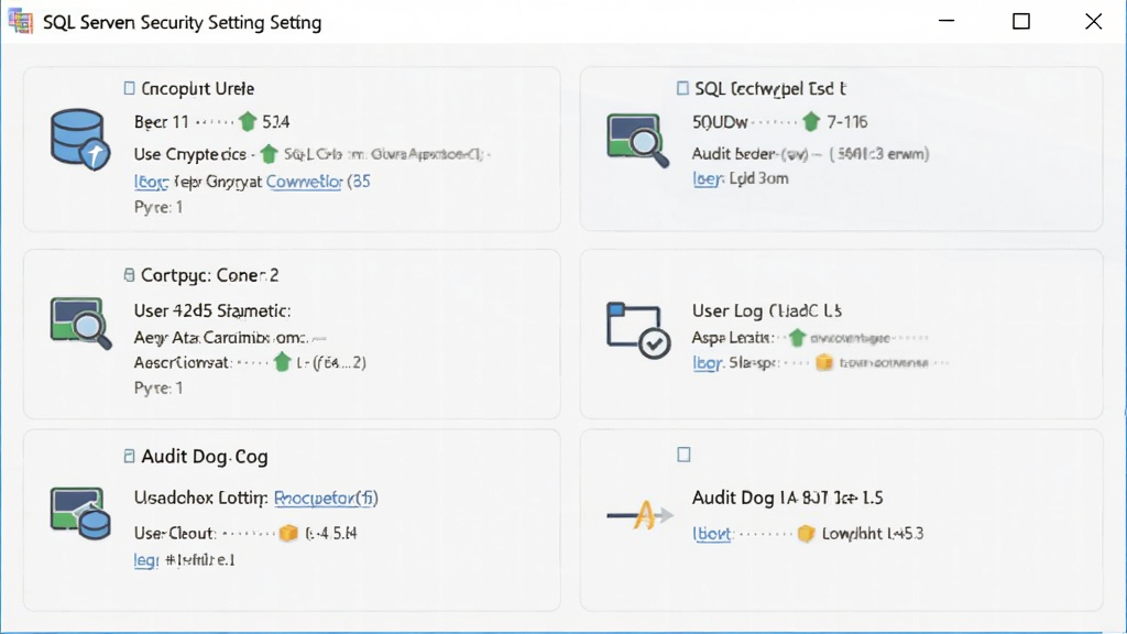 展示SQL Server安全设置界面的图片,包含加密配置、用户权限管理、审计日志等模块,风格为浅色简洁界面,图标清晰,画质干净,无多余元素