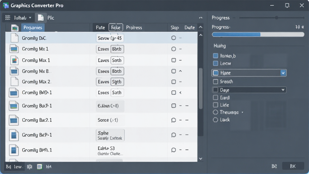 Graphics Converter Pro 批量处理界面,展示文件列表、进度条、处理选项,整体风格商务简约,色彩柔和,画质干净,无多余元素
