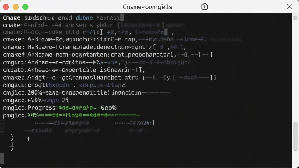 CMake命令行操作截图,主体为终端窗口显示cmake命令执行过程,布局为黑底白字,排版整齐,风格极简,细节包括命令输出和进度百分比,画质清晰干净无多余元素