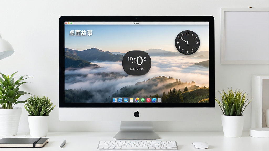 主体:一台运行着桌面故事软件的电脑显示器,屏幕中展示着动态风景壁纸与悬浮时钟;布局:显示器居中,周围有简约的办公桌和绿植;排版:画面干净,主体突出,软件界面清晰可见;风格:现代科技感与生活气息结合,色彩明亮;细节:屏幕中显示“桌面故事”字样,壁纸为山间晨雾动态效果,时钟显示当前时间;画质:高清,干净,无多余元素