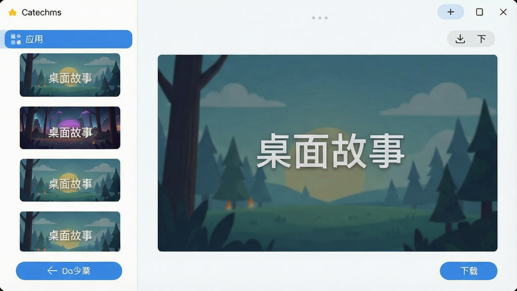 主体:桌面故事软件的动态壁纸设置界面;布局:左侧为壁纸分类列表,右侧为预览大图;排版:界面整洁,功能按钮清晰可见;风格:现代简约,蓝色主题色调;细节:壁纸预览图中显示“桌面故事”水印,界面中可见“应用”“下载”按钮;画质:高清,干净,无多余元素
