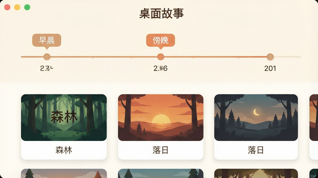 主体:桌面故事软件的故事模式设置界面;布局:界面展示时间轴与场景缩略图;排版:上方为时间轴,下方为场景卡片;风格:简约清新,暖色调;细节:界面中显示“早晨”“傍晚”标签,卡片上有“森林”“落日”字样,顶部有“桌面故事”标题;画质:高清,干净,无多余元素