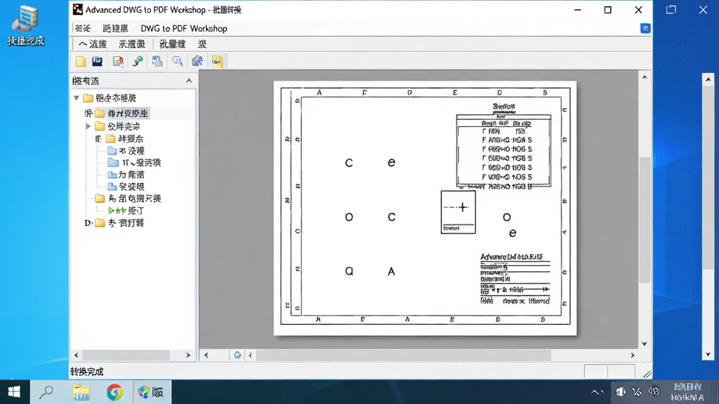 画面主体为Advanced DWG to PDF Workshop软件在Windows 10系统上运行的截图,背景为淡蓝色桌面,软件窗口最大化显示,左侧为文件夹列表,右侧为图纸预览,底部状态栏显示“转换完成”。布局为标准窗口布局,排版居中,风格写实清晰,细节包括任务栏图标和中文菜单,画质高清明亮,无多余元素,窗口标题栏显示“Advanced DWG to PDF Workshop - 批量转换”。