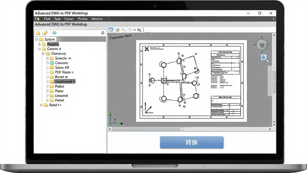 画面主体为一台现代笔记本电脑屏幕显示Advanced DWG to PDF Workshop软件主界面,界面左侧是文件夹树状列表,右侧是图纸预览窗口,下方有醒目的