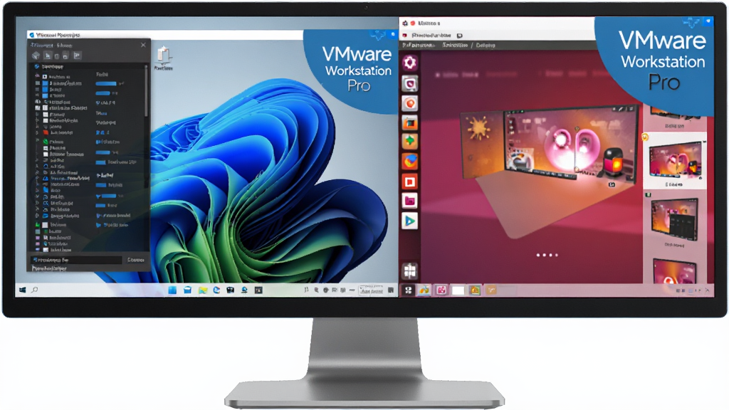 画面中央展示一台现代台式电脑显示器,屏幕上同时运行着Windows 11和Linux Ubuntu两个系统窗口,窗口右上角带有“VMware Workstation Pro”蓝色产品标识,左侧是虚拟机硬件配置列表,右侧是虚拟机缩略图,整体布局清晰明亮,风格为科技感3D渲染,细节丰富,画质干净无多余元素