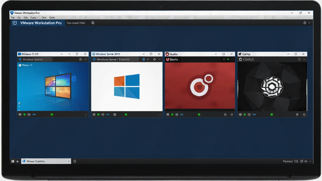 一台笔记本电脑屏幕上显示VMware Workstation Pro主界面,界面中并排排列着4个虚拟机窗口,分别运行着Windows 10、Windows Server 2019、Ubuntu和CentOS系统,每个窗口下方有绿色运行状态指示灯,界面整体采用深蓝色主题,布局整齐,风格现代简洁,细节清晰,画质干净