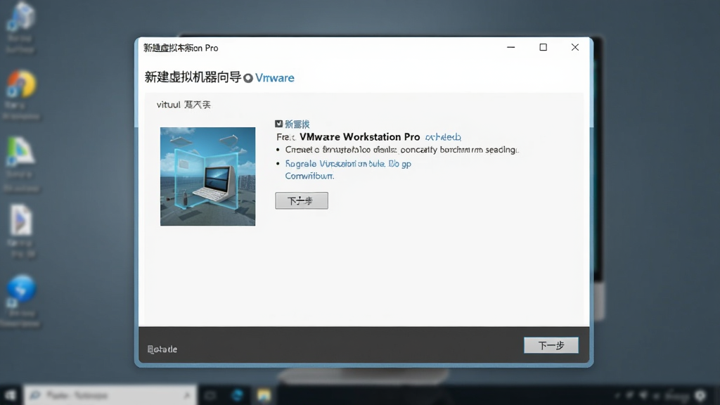 一张电脑屏幕上显示VMware Workstation Pro正在创建虚拟机的向导界面,背景为模糊的桌面,向导窗口中有“新建虚拟机向导”标题和“下一步”按钮,界面清晰,风格写实,画质干净