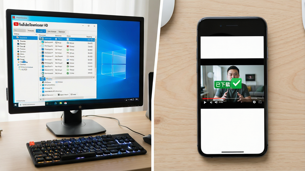 主体:一张分屏对比图,左侧是Windows电脑运行YouTube Downloader HD进行批量下载的画面,右侧是智能手机上播放已下载视频的界面。布局:左右对称,中间用一条白色细线分隔,背景为浅色木纹桌面。排版:左侧电脑屏幕显示软件队列列表,右侧手机屏幕显示视频播放画面。风格:写实摄影风格,光线明亮。细节:电脑键盘上有几颗按键被特意点亮,手机屏幕上显示“已下载”的绿色勾选标志。画质:高分辨率,细节丰富,干净,无多余元素。