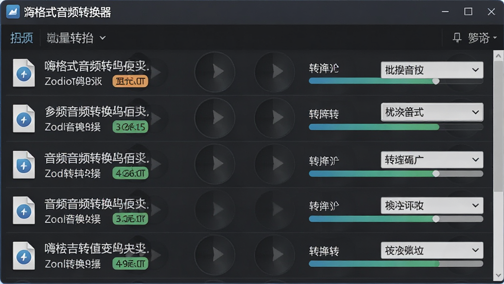 一张展示嗨格式音频转换器批量转换功能的界面截图风格插画,主体为多行音频文件列表,每行右侧显示格式下拉菜单与转换进度条,布局为上下结构,排版整齐,风格写实,细节包括文件名称与格式标签,画质清晰,干净无多余元素