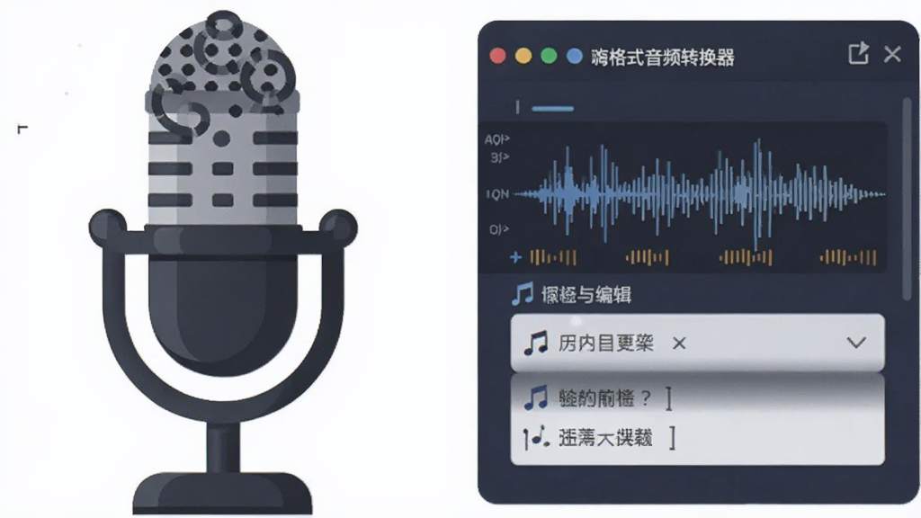 一幅展示嗨格式音频转换器录音与标签编辑功能的插画,主体为麦克风图标与音乐标签窗口并排,布局左右对称,排版简洁,风格扁平,细节包括音频波形与文字字段,画质干净无多余元素