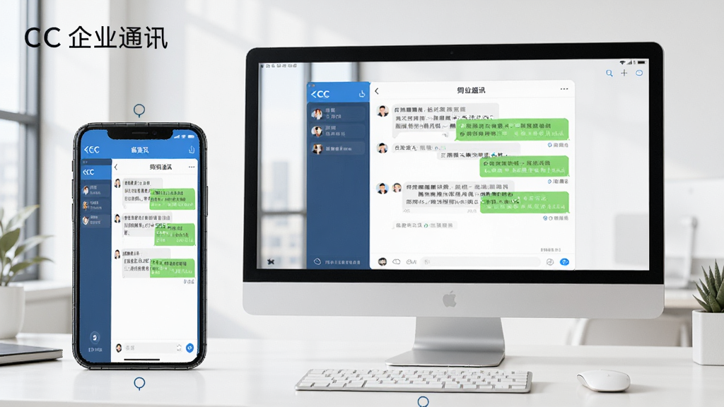 一幅展示CC企业通讯软件在手机和电脑上同步使用的图片,主体是手机和电脑并排放置,屏幕中显示相同的聊天界面,背景为简约办公桌,风格明亮清晰,细节体现多端同步,画质干净,无多余元素,图片中显示文字
