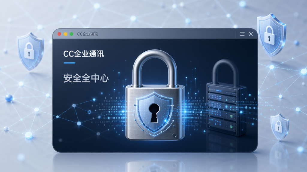 一幅具有科技感的加密锁与数据流结合的图片,主体是CC企业通讯软件的安全中心界面,背景有盾牌和网络线条,整体色调为蓝色和灰色,风格现代简约,细节体现加密防护,画质清晰,无多余元素,图片中显示文字