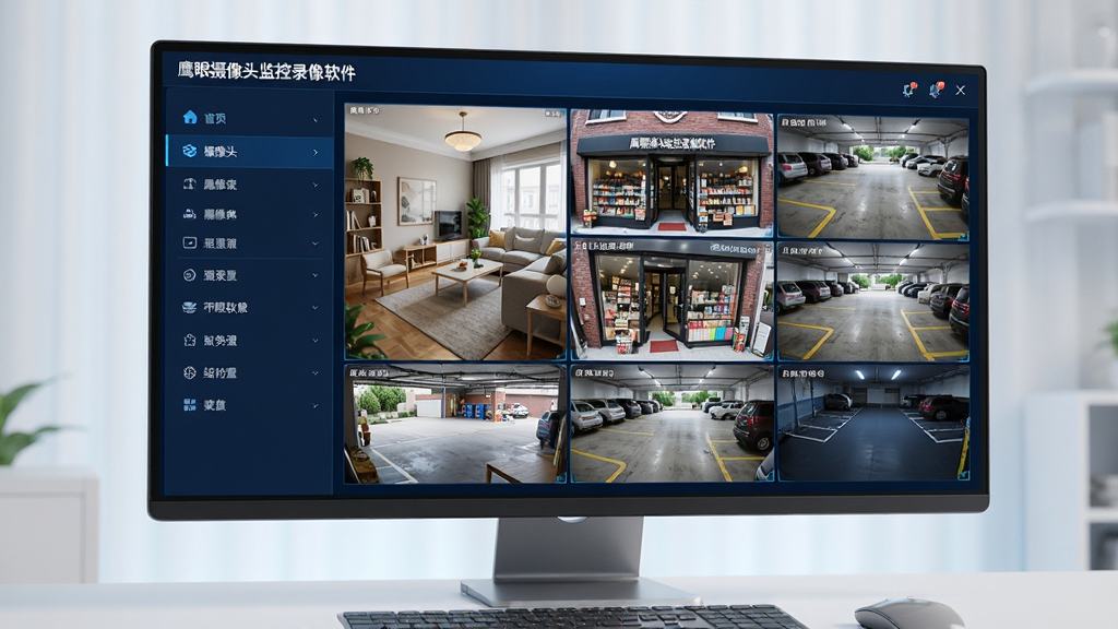 主体:电脑屏幕前展示鹰眼摄像头监控录像软件主界面,画面中分割显示多个高清监控场景。布局:左侧为摄像头列表与功能导航栏,右侧为九宫格实时预览画面。排版:界面简洁现代,采用深蓝色科技感主题,功能图标清晰排列。风格:写实3D渲染风格,光线明亮柔和。细节:屏幕中可见“鹰眼摄像头监控录像软件”字样,画面中有一个家庭客厅、一个店铺门口、一个停车场实时画面。画质:4K超高清,干净无多余元素。
