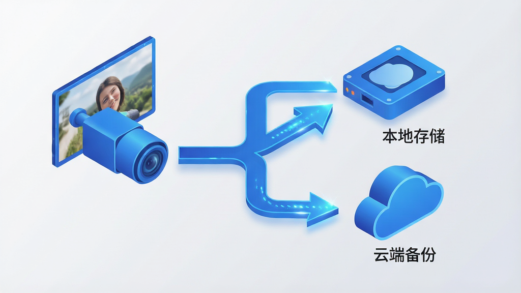 主体:一个数据流向示意图,显示摄像头画面分别传输到本地硬盘和云端服务器。布局:左侧摄像头图标,中间箭头分叉,右侧两个存储图标(硬盘和云朵)。排版:简洁流程图风格,蓝色科技色调。风格:2.5D等距插画风格,背景浅灰渐变。细节:硬盘图标标注“本地存储”,云朵图标标注“云端备份”,箭头有发光效果。画质:高分辨率,干净无多余元素。