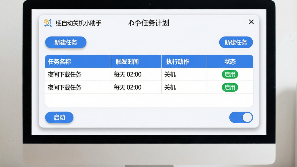 主体:电脑屏幕上显示自动关机小助手的“任务计划”界面,顶部有“新建任务”按钮,下方为表格,列出“任务名称”、“触发时间”、“执行动作”、“状态”等列。布局:表格占据页面大部分,第一行为蓝色表头,数据行白色背景,底部有“启动”开关。排版:按钮为圆角蓝色,表格文字为黑色,状态列有绿色运行中标签。风格:清爽浅色系,扁平化,界面有轻微阴影。细节:表格中有一行“夜间下载任务”,触发时间为“每天 02:00”,动作为“关机”,状态为“启用”。画质:高清,干净。