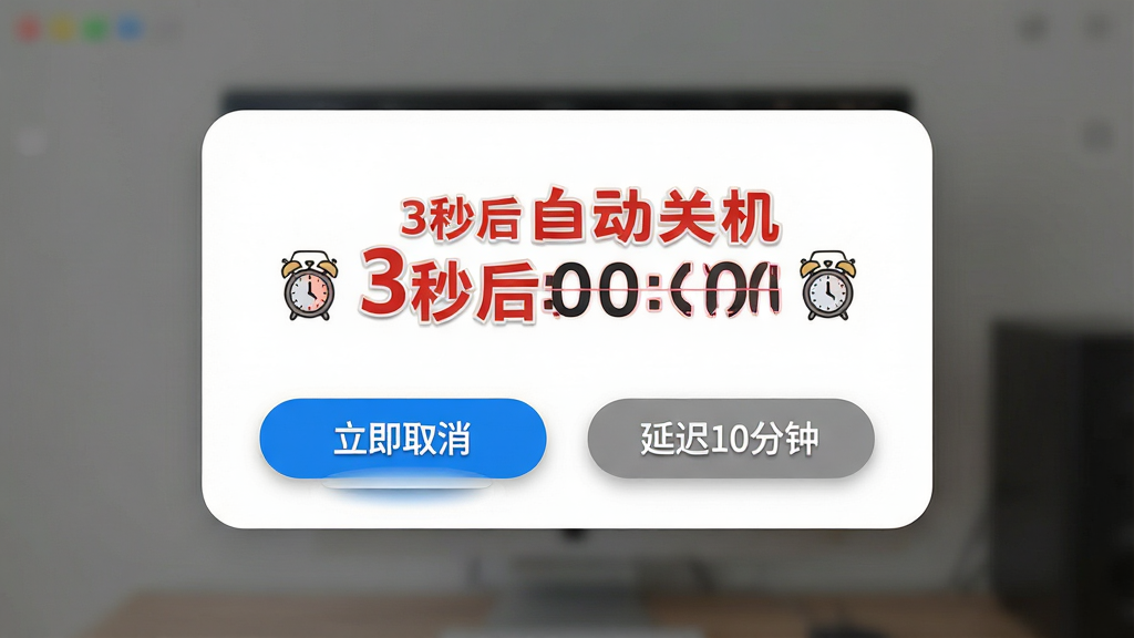 主体:自动关机小助手的安全提醒弹窗,弹窗中央有“3秒后自动关机”的倒计时文字,下方有“立即取消”和“延迟10分钟”两个按钮。布局:弹窗位于屏幕中央,背景半透明遮罩,弹窗为白色圆角矩形。排版:倒计时文字为红色加粗,按钮为蓝色和灰色。风格:简洁警示风格,视觉突出。细节:倒计时数字旁边有一个小闹钟图标,按钮有按压效果。画质:高清,干净。