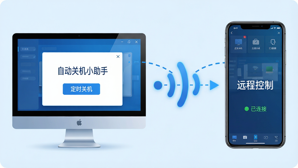 主体:一张示意图,左侧为电脑屏幕显示自动关机小助手界面,右侧为手机屏幕显示远程桌面控制界面,两者之间用无线信号线连接。布局:左右分屏,中间用虚线箭头表示连接。排版:电脑屏幕上有“定时关机”按钮,手机屏幕上有“远程控制”字样。风格:科技感,蓝色调。细节:无线信号线有波浪纹,手机屏幕上有“已连接”状态。画质:高清,干净。
