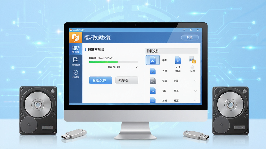 主体:福昕数据恢复软件主界面展示在电脑屏幕上,旁边有硬盘、U盘等存储设备,界面显示扫描进度与恢复文件列表。布局:主界面居中,设备环绕,背景为浅蓝色科技感渐变。排版:软件界面清晰显示“福昕数据恢复”字样与功能按钮,排列有序。风格:写实与科技感结合,明亮通透。细节:界面图标清晰,数据文件图标可辨识,整体干净整洁。画质:高清,干净,无多余元素。