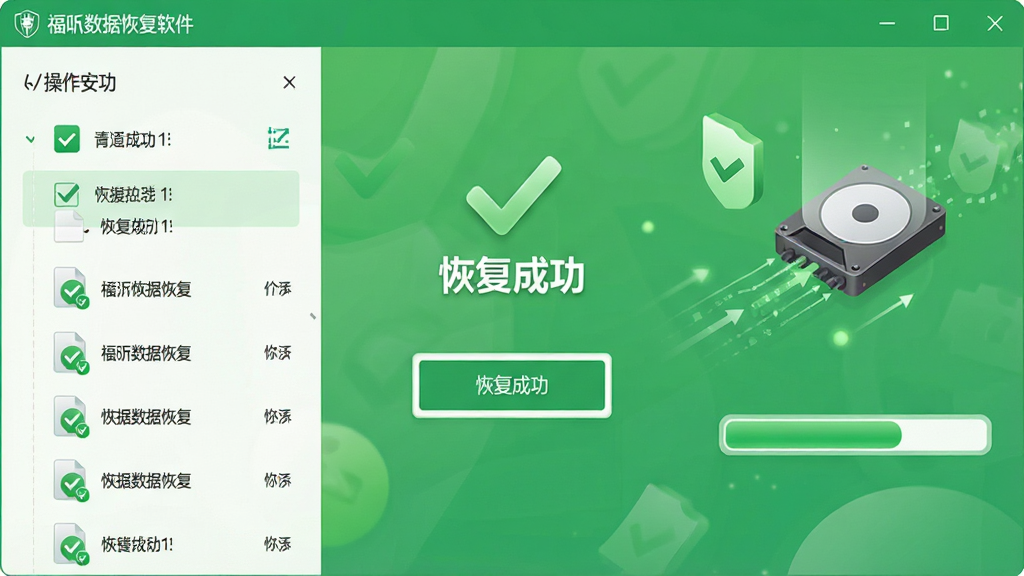 主体:福昕数据恢复软件恢复成功界面,显示勾选文件并点击恢复按钮,背景为绿色对勾与数据流向硬盘动画。布局:恢复按钮居中,文件列表左侧,右侧为进度条。排版:界面简洁,操作指引清晰。风格:清新绿色系,传递安心感。细节:显示“恢复成功”字样,文件图标带有完整标志。画质:高清,干净,无多余元素。