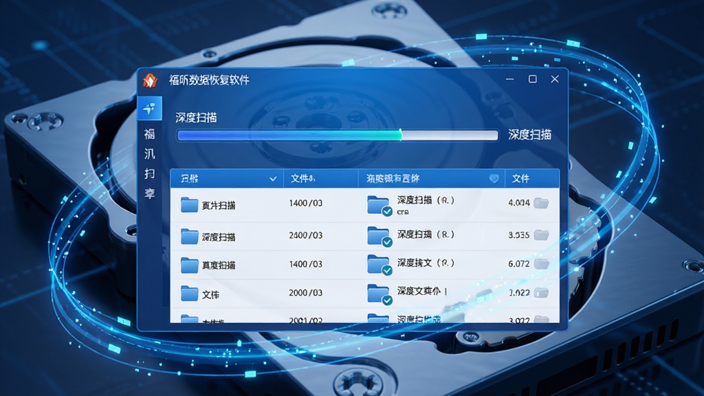 主体:福昕数据恢复软件深度扫描界面,显示扫描进度条与已扫描文件数量,背景为硬盘内部结构抽象图。布局:扫描界面居中,数据流动线条环绕。排版:进度条清晰,文件列表整齐排列。风格:科技蓝风格,动态感强。细节:展示“深度扫描”字样,文件夹图标带勾选标记。画质:高清,干净,无多余元素。