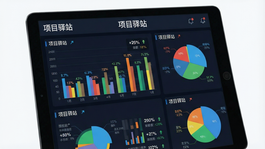 一张项目驿站数据统计报表的界面截图,主体为平板电脑显示各种柱状图和饼图,图表色彩鲜艳,布局为仪表盘风格,排版错落有致,风格商务简约,细节包含百分比数字和趋势箭头,画质高清,无多余元素,图表上方显示文字“项目驿站”