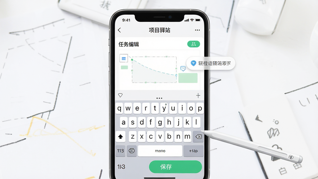 一张展示项目驿站移动端操作界面的图片,主体为一部手机,屏幕显示任务编辑页面,包含键盘和手写笔,布局居中,排版简洁,风格清新,细节有保存按钮和提示气泡,画质高清,无多余元素,手机顶部显示文字“项目驿站”