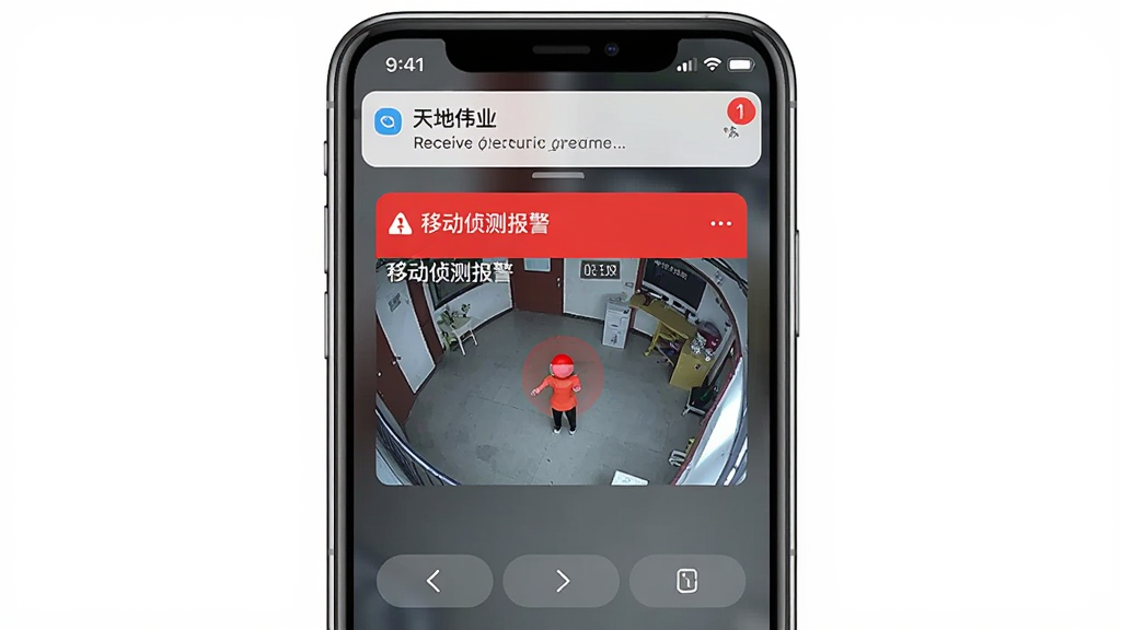 主体为一部手机接收天地伟业报警推送消息的界面,屏幕上弹出一条报警通知,显示抓拍的彩色图片和“移动侦测报警”字样,布局为手机竖屏截图,风格简洁,细节包括通知栏时间、消息角标和按键,画质高清,干净,无多余元素