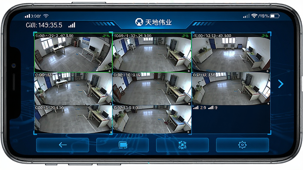 主体为一部智能手机屏幕显示天地伟业监控画面,画面中有多个分屏预览窗口,界面蓝色科技感,布局为上下结构,上方是状态栏,中间是视频网格,下方是功能按钮,排版整齐,风格写实,细节包括清晰的时间水印和信号图标,画质高清,干净,无多余元素