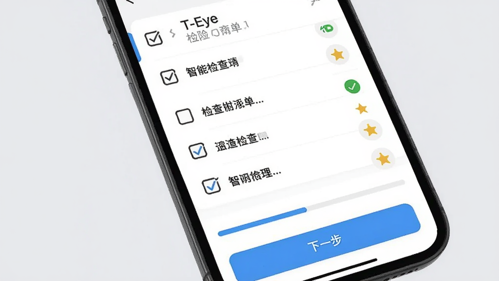 展示T-Eye智能检查清单界面的图片,主体为手机屏幕上的检查项列表,每一项前有勾选框和状态图标,列表下方有进度条和“下一步”按钮,背景为浅灰色,界面排版整齐,文字清晰,风格简洁实用,画质干净,无多余元素。