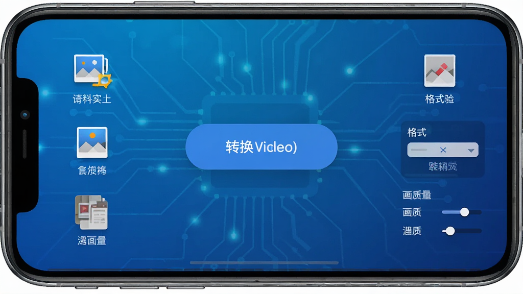 实况Live转换器软件主界面截图,展示手机屏幕中正在转换实况照片为视频的流程,背景为渐蓝色科技感界面,中央有醒目的转换按钮,四周分布着相册导入、格式选择、画质设置等图标,整体布局清晰简洁,风格现代扁平化,细节丰富,画质高清干净无多余元素