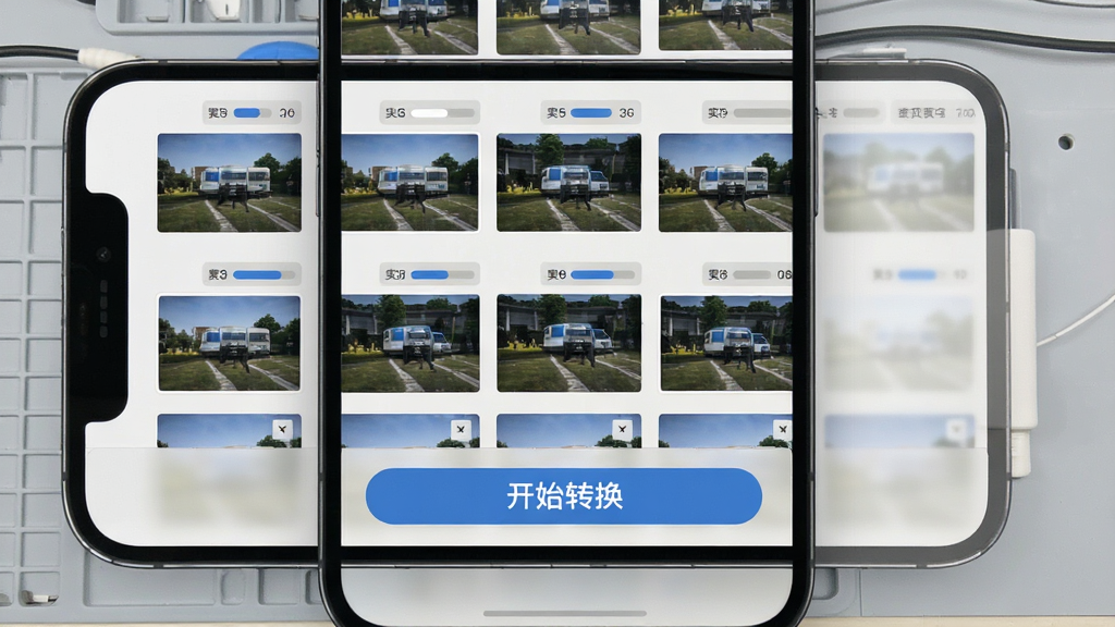 实况Live转换器批量转换操作界面,手机屏幕上排列着多个实况照片缩略图,每个缩略图右上角显示转换进度条,底部有“开始转换”大按钮,背景为浅灰色工作台风格,界面简洁直观,突出批量处理的便捷性,画质干净无多余元素