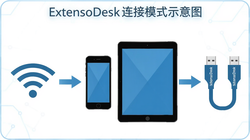 主体:ExtensoDesk连接模式示意图,展示Wi-Fi和USB两种连接方式。布局:左侧为Wi-Fi连接图标,右侧为USB连接线,中间为手机和平板设备。排版:图标清晰,箭头指示连接方向。风格:扁平化科技风,蓝色主色调。细节:Wi-Fi图标带有信号波纹,USB线带有“ExtensoDesk”标识。画质:高清,干净,无多余元素。