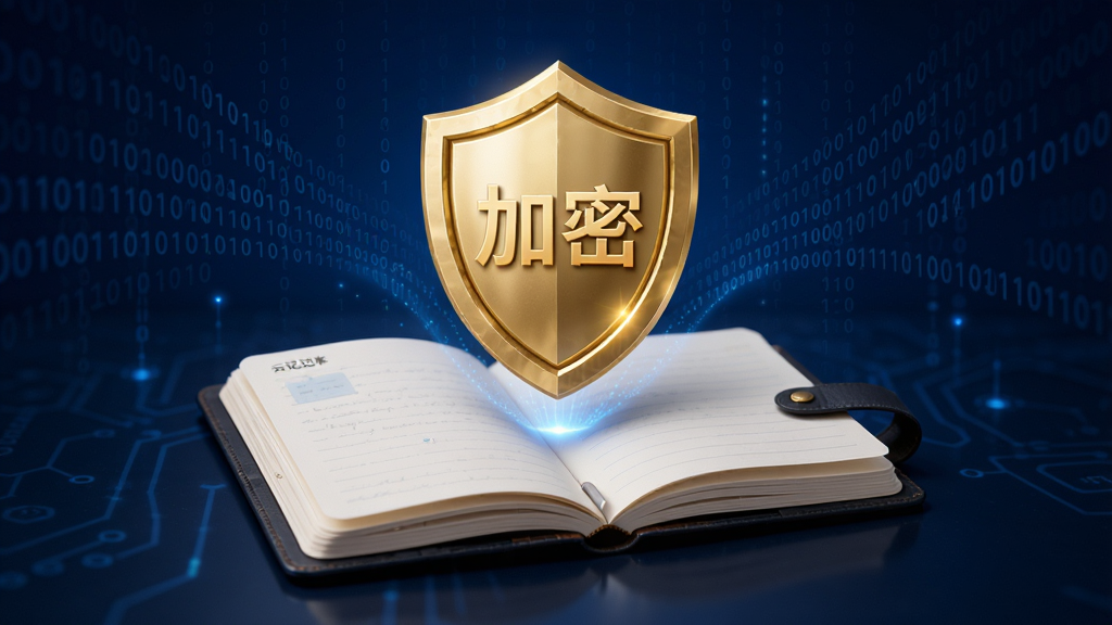 展示云记事本安全加密功能的宣传图,画面中央是一个打开的笔记本,笔记本上方悬浮着金色的盾牌图标,盾牌上刻有“加密”字样,背景为深蓝色科技感渐变,周围有细微的二进制代码流动,风格精致,细节丰富,画质干净,无多余元素。
