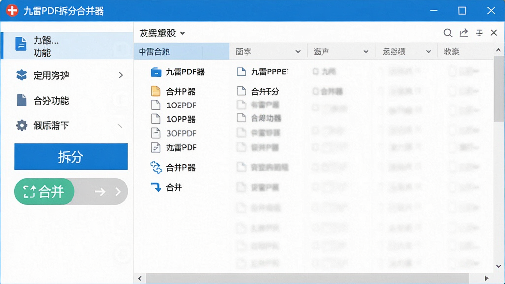 一张高清的软件主界面截图,展示九雷PDF拆分合并器的简洁布局,左侧为功能列表,右侧为文件列表,界面以蓝色和白色为主色调,整体风格干净明亮,画质清晰,突出“拆分”和“合并”两个主要功能按钮,无多余元素。